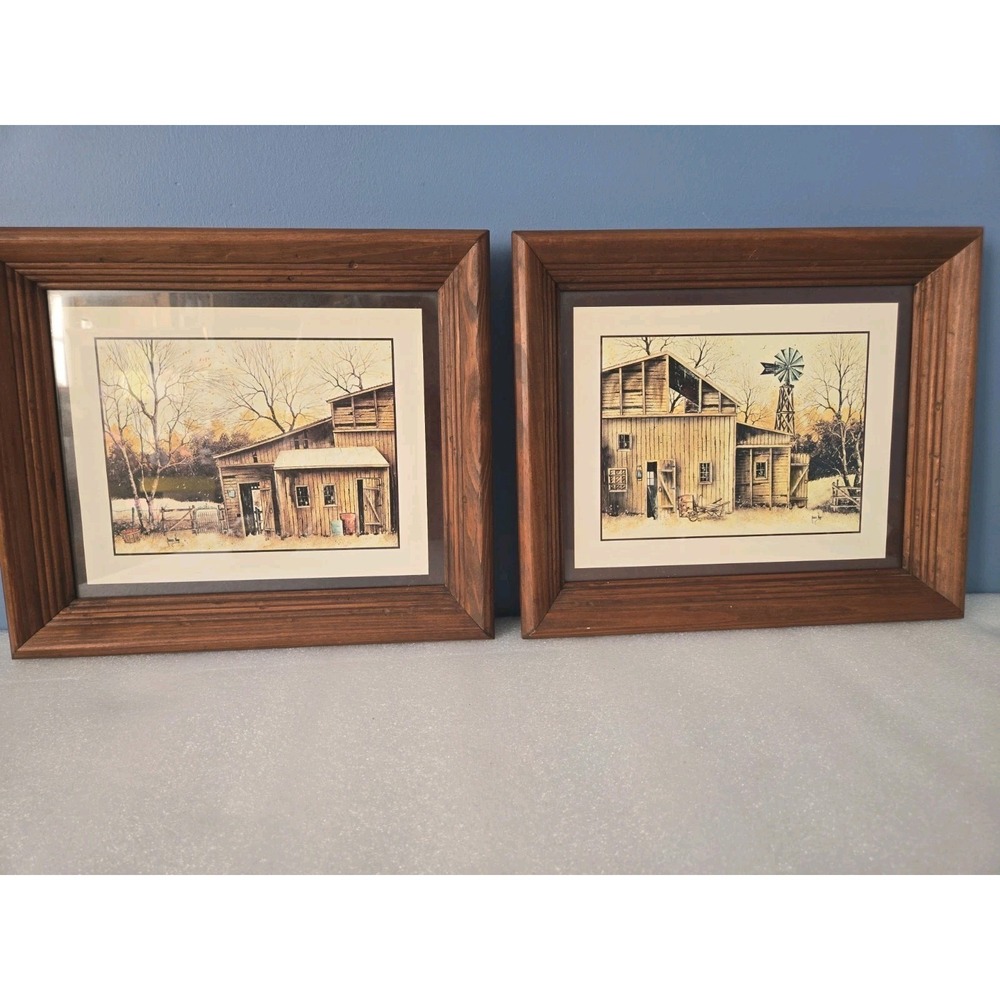 Vintage Barn Scenes by Robert Nidy 2 Wood Framed Art Prints Pen and Ink